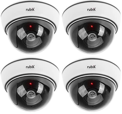 Rubik 4pc Dummy CCTV Camera with Flashing LED Light and CCTV Sticker Sign, Fake Surveillance Camera Security Indoor Dome Camera with LED Light