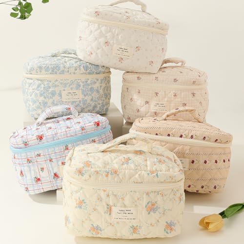 Lushandy 3 Pcs Quilted Floral Makeup Bag Set Cute Cosmetic Bag Coquette Aesthetic Makeup Bag Large Travel Makeup Organizer Toiletry Bag