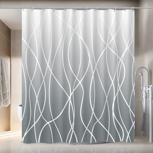 ALANX Shower Curtain for Bathroom Gradient Stripe Shower Curtain Liner Spa Hotel Shower Showroom bathtubs 71x71 Inch Inner Curtain with Hooks Water Repellent (Grey, 71x71Inch/180x180cm)