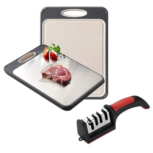 SCARLEY Premium Double-Side using Cutting Board,Large 14×10 316 Stainless Steel Cutting Board Kitchen,Food-Grade Rice Husk Fiber Chopping Board with Knife Sharpener for Kitchen,Easy-Grip Handle