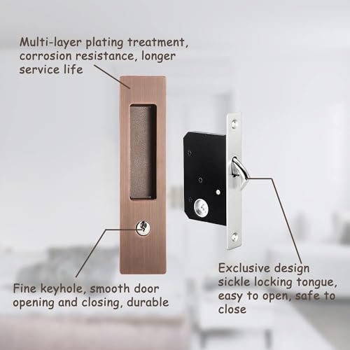 youthua 6.3â€ Privacy Pocket Door Lock Hardware,Invisible Sliding Door Lock with Keys,Recessed Handle Latch, Double Barn Door Lock, Invisible Furniture Hardware (Red Copper)