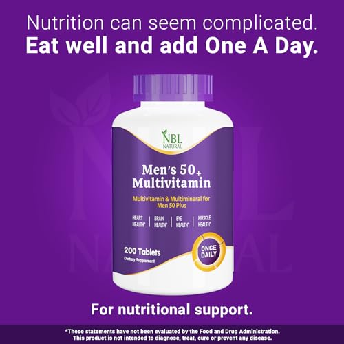 NBL Natural Multivitamin for Men 50 Plus, Multimineral Supplement, Vitamin D3, B-Vitamins and Zinc, Supports Memory and Cognition in Older Adults - 200 Tablets