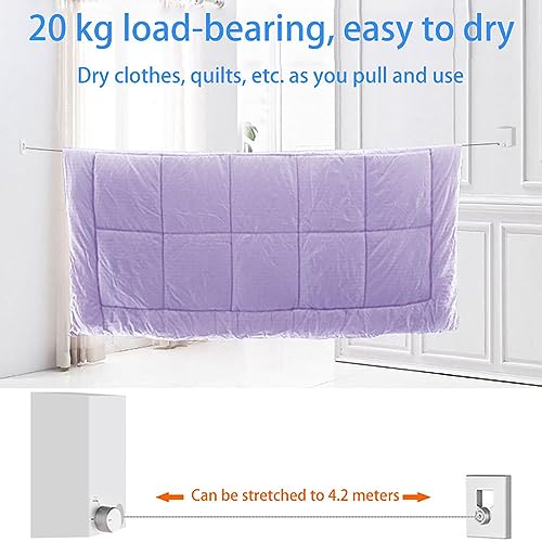 MUMOO BEAR Retractable Clothesline Stainless Steel Clothes Line Wall Mounted Telescopic Laundry Drying Line with 4.2 meters Adjustable Rope for Indoor Outdoor Balcony Laundry Room and Hotel (White)