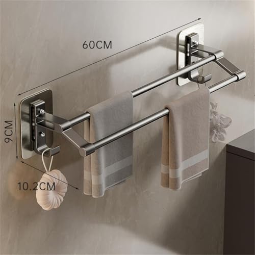 TERRIFI 60cm Towel Rail - Self Adhesive Towel Bar, Anti-Rust Aluminium Rack Holder, No Drilling 2 Tier Double Rod Towel Shelf Storage with 2 Hooks, Wall Mounted for Bathroom, Kitchen, Shower