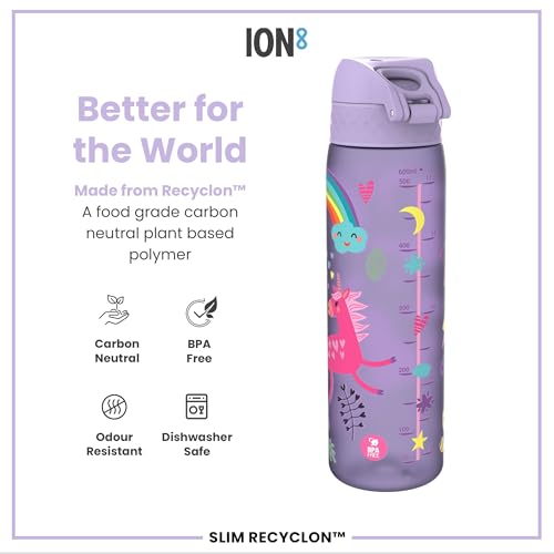 ION8 Water Bottle, 500ml/18oz, Slim Leak-proof & BPA-Free Drinking Bottle, Secure Lock Prevents Spills, Dishwasher Safe, Carry Handle, Ideal for Adults & Kids - Travel, Gym & School, Purple, Unicorns