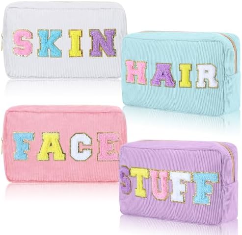 Pinkunn 4 Pcs Preppy Makeup Bags Christmas Chenille Letter Bag Face Skin Hair Stuff Cosmetic Bag Corduroy Makeup Pouch with Zipper Birthday Gifts for Women(Purple, Pink, White, Blue,Corduroy)