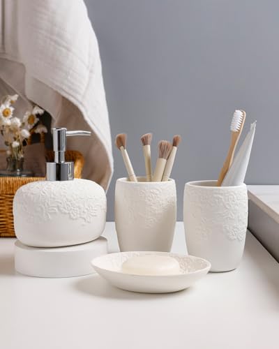 ANTIS'S HOME Bathroom Accessories Set with Embossed Design 4PCS, Ceramic White Bathroom Accessory Set, 1Pcs Bathroom Soap Dispenser 14oz, 2Pcs Tumbler Cup, 1Pcs Soap Dish,