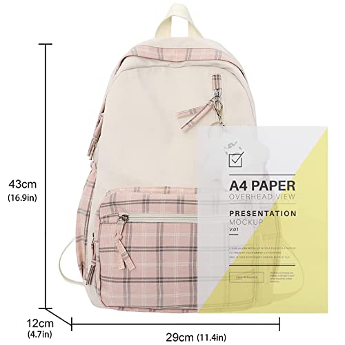 DIKXO Backpack Backpack, Large Capacity Casual Daypack Kawaii Plaid School bags Preppy Backpack for School for Teens Girls Women Students (Pink)