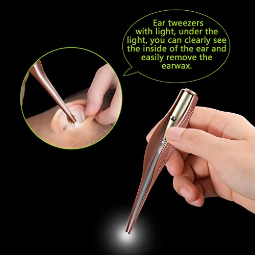 4 Pack Ear Pick with Light, Ear Cleaner Ear Wax Removal Tool Kit for Kids and Adults, Ear Picks Digger & Tweezers & Spiral Spring Ear Spoon Set with Storage Box (Rose Gold)