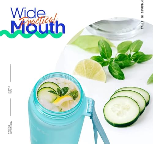 AeDukan Sport Water Bottle 1L / 32oz with Motivational Time Marker Straw Strainer Tritan Plastic BPA Free for kids Fitness Gym Office Outdoor School Sports and Exercise Leak Proof (Green & Purple)