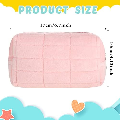 SYOSI Plush Makeup Bag, , 3 Pcs Checkered Cosmetic Bag Zipper Travel Bag Portable Multi Functional Capacity Bag Cute Makeup Brushes Storage Bag, Pink, Blue, White