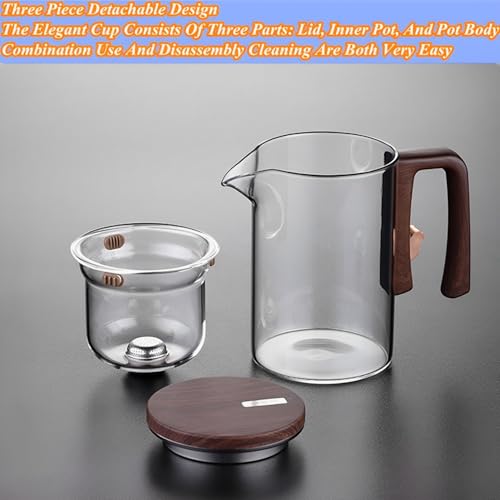 Beauenty Heat Resistant Glass Teapot,One Click Filter Separation Teapot,With Wood Grain Handle,Bulk Tea Brewer,Magnetic Adsorption Cover,Magic Glass Teapot With Detachable Filter(720ml/24oz)
