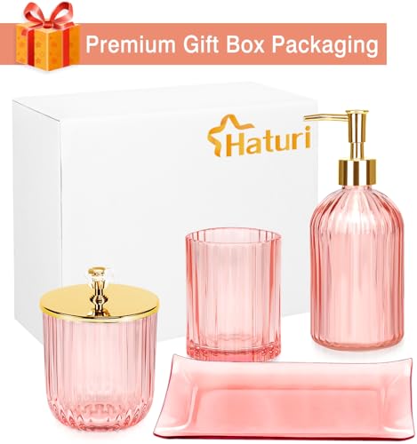Bathroom Accessories Set, 4 Pcs Glass Bathroom Accessories Sets Complete w/Lotion Soap Dispenser, Toothbrush Holder, Apothecary Jar, Vanity Tray, Modern Bathroom Decor, Gift for Home Apartment- Pink