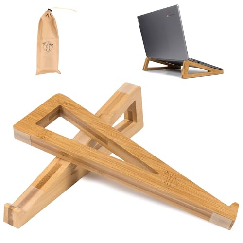 Bamboo Wooden Laptop Stand, Portable Desk Laptop Holder for Tablet with Carry Pouch, Compact Travel Laptop Stand with Protective Silicone Pads, Suitable for Home Office and Travel Use