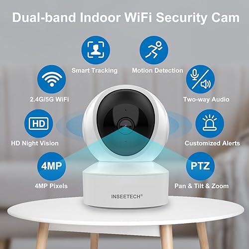 INSEETECH 4MP Indoor Wireless Security Camera, 2.4/5Ghz Pet WiFi camera with PTZ Auto Tracking, 5g Baby Cam for Dog Cat Home/House Security, Motion Detection, Phone APP Control, 24/7, 2-Way Talk