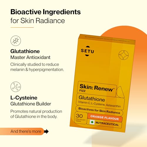 Setu Skin Renew Glutathione Tablets for Glowing Skin | 30 Effervescent Tablets with 500mg L-Glutathione & Vitamin C | Sugar-free Antioxidant & Skin Glow Supplement for Clear Skin | Orange (Pack of 2)
