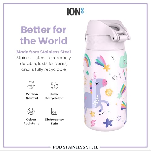 Ion8 Lightweight Steel Kids Water Bottle, 400ml/13oz, Non-Insulated, Leak Proof, Easy to Open, Secure Lock, Dishwasher Safe, Fits Cup Holders, Carry Handle, Metal Water Bottle, Pink, Unicorns