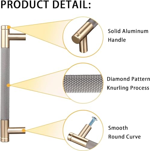 TNTAIAHL 6 Pack Cabinet Handles 6.2'' Modern Grey & Gold Aluminum Cabinet Pulls Knurled Diamond Pattern Drawer Hardware for Kitchen Cupboard Door and Bathroom (5" Hole Center)