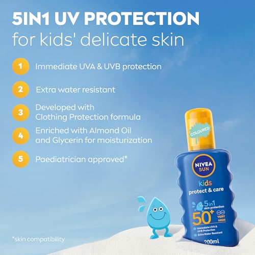 NIVEA SUN Kids Sunscreen Spray, Protect & Care, SPF 50+, 5in1 Skin Protection, Very High and Immediate UVA & UVB Protection, Extra Water Resistant, 200ml