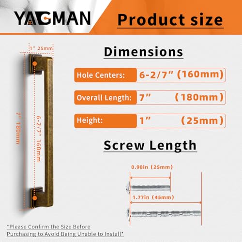 Yagman 10 Pack Antique Brass Cabinet Pulls 6-3/8"(160mm) Hole Center Kitchen Retro Handles for Furniture and Drawers Vintage Square Dresser Handles Farmhouse Knobs Drawer Pulls Hardware Q-AB160-10