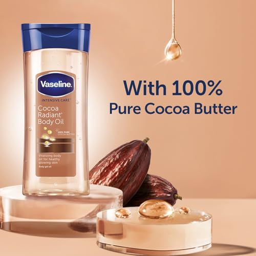 Vaseline Intensive Care Cocoa Radiant Vitalizing Body Oil With 100% Pure Cocoa Butter & Replenishing Oils For Long-Lasting Radiant Glow| Non-Greasy Body Gel Oil for Healthy & Glowing Skin| 200 ml