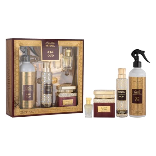 Hamidi Home Natural Oud 4 Pieces Gift Set, Air Freshener 480ml, Eau De Parfum 100ml, Perfume Oil CPO 12ml, Muattar 50gm, Fragrances, Use Every where, Smoke Free, Long Lasting, Gifts Hampers