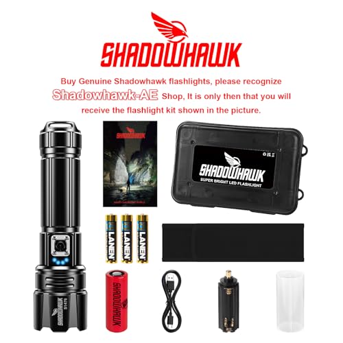 Shadowhawk Flashlight Led USB Rechargeable, 10000 lumens Torch Light XHP70.2, Super Bright Tactical Flashlights, IP67 Waterproof Zoomable, for Outdoor Camping Hiking Emergency(with Battery)