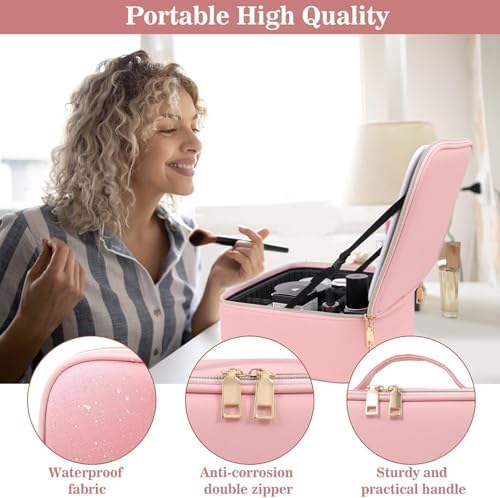 MOMENT Makeup bag with LED mirror, Travel Makeup Bag 3 Adjustable Brightness LED makeup bag with mirror and Dividers suitable for your Jewelry, Essential oil,Toiletries storage and makeup daily Pink