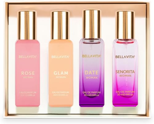 BellaVita Luxury Perfume Gift Set for Women | Includes DATE, Senorita, GLAM, ROSE Perfumes | Floral, Fruity & Savoury Long Lasting Scents | Gift Set for Women | Special Womens Collection (4x20ml)