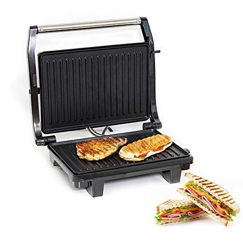 Geepas Stainless Steel Grill Maker, Power and Ready Light, GGM5394 | Non-Stick Cooking Plate | Easy to Clean | Practical Cable Winding | Lid Locking for Space-Saving Vertical Storage | Pilot Light