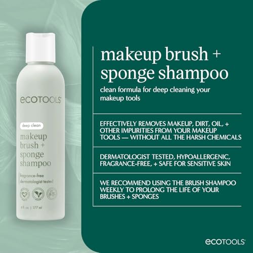 EcoTools Makeup Brush and Sponge Shampoo, Removes Makeup, Dirt, & Impurities From Brushes & Makeup Blender Sponges, Fragrance-Free Brush Cleanser, Vegan, & Cruelty-Free, 6 fl.oz./ 177 ml, 1 Count