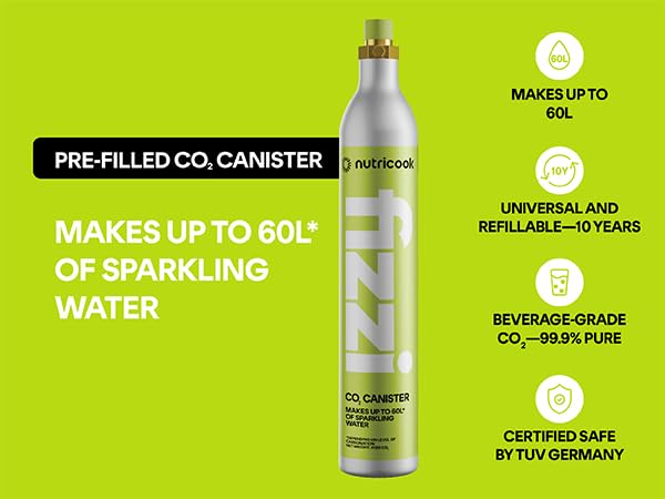 Nutricook Fizzi CO2 Cylinder, 60L Capacity, Compatible with Multiple Soda Makers, Universal Refillable Canister,Beverage Grade CO2,10-Year Lifespan