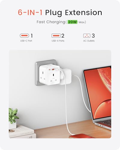 LENCENT Multi Plug Extension, 3 Way 3 Plugs Socket adapter, 6-in-1 Cube Electrical Extender Outlet Adaptor, PD&QC 3.0 20W USB Wall Charger, Plug Expander for Home, Office, Kitchen, 13A 3250W