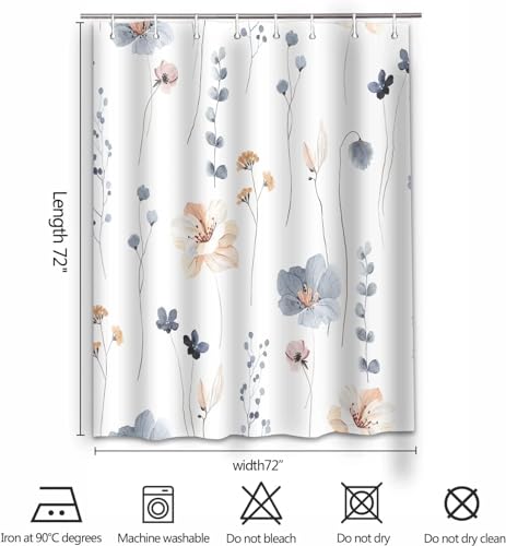 ChicAbode Watercolor Floral Shower Curtain Sets,Blue Beige Flowers Bathroom Curtains,Modern Minimalist White Bath Curtain, Waterproof Fabric with 12 Hooks 180x200 cm