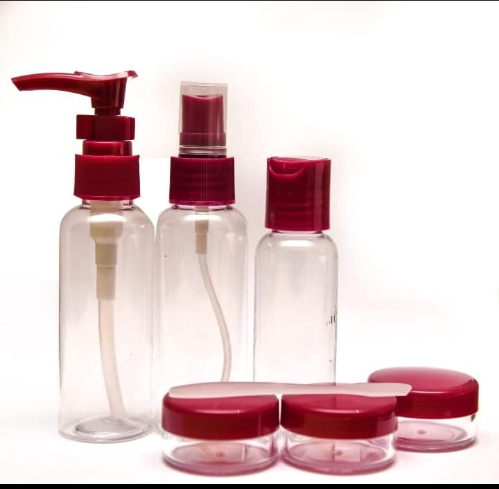 Travel Bottles Set 7pcs Empty Plastic Leak Proof Travel Toiletry Set Container Makeup Bottle Travel Contains 2 Bottles for Liquid 1 Bottle for Spray 3 Jars for Cream and 1 Spatula Burgundy (Burgundy)