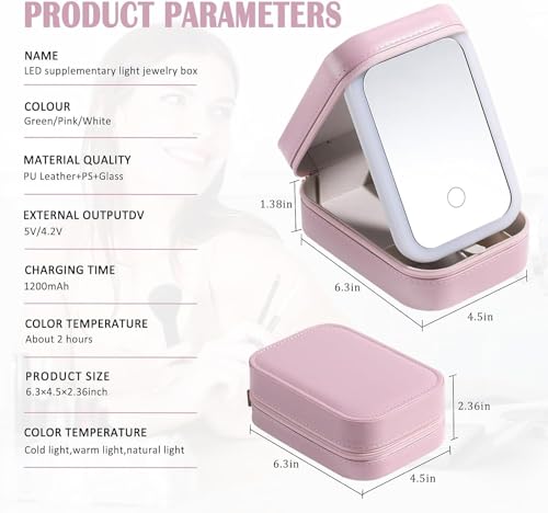 Tufexigo Travel Makeup Case with LED Mirror, Makeup Bag with Lighted Mirror, Cosmetic Train Storage Box, Portable Organizer Vanity Case for Women Beauty Tools Accessories Rechargeable (Pink)
