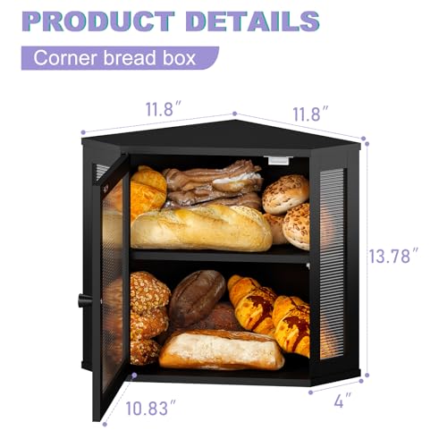 Wieghda Corner Bread box for Kitchen Countertop,Farmhouse Bread Box with Acrylic Wavy Door Panel,Large Bread box for kitchen countertop,Kitchen Countertop Food Storage Container (Black, Meduim)