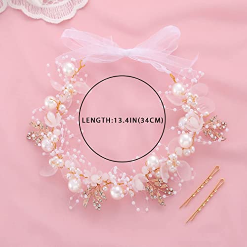 JWWYJ Princess Flower Crystal Headpiece Rhinestone Pearl Headband Alloy Floral Bridal Hair Accessories Communion Wedding Prom Photography for Girls and Women