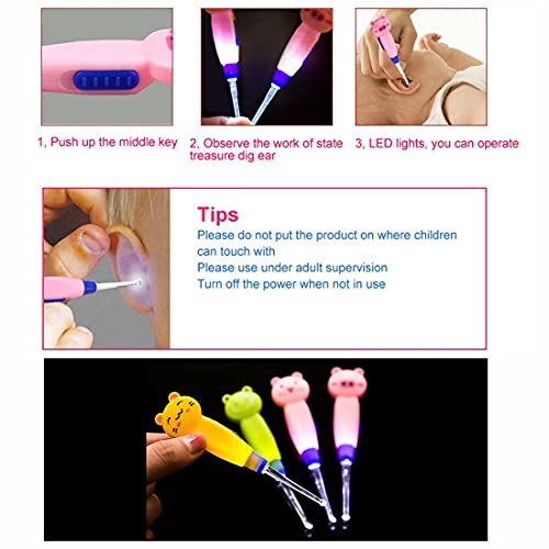 azzeell 4 Pieces Kids Ear Wax Removal LED Light Children Earwax Remover Tool LED Illuminated Ear Pick Ear Wax Remover Clip Tweezers Ear Spoon Cleaner with LED Light for Kids