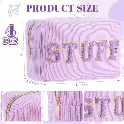 Pinkunn 4 Pcs Preppy Makeup Bags Christmas Chenille Letter Bag Face Skin Hair Stuff Cosmetic Bag Corduroy Makeup Pouch with Zipper Birthday Gifts for Women(Purple, Pink, White, Blue,Corduroy)