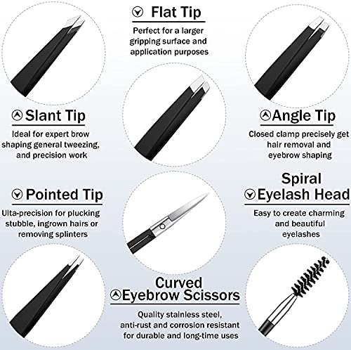 ELECDON 6 Pieces Eyebrow Tweezers Set with Curved Scissors, Eyelash Brush Stainless Steel Brow Remover Tools for Women and Girls, Hair Plucking Daily Beauty Tool with Storage Case (Classic Color)
