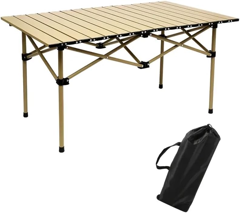 YU WELL Portable Roll Up Camping Table, Lightweight Aluminum Picnic Table with Carry Bag, Waterproof & Rust-Resistant, Heat-Resistant Outdoor Table for Camping, BBQ, Travel & Hiking 1205550cm Black - Beige 120X55X50CM