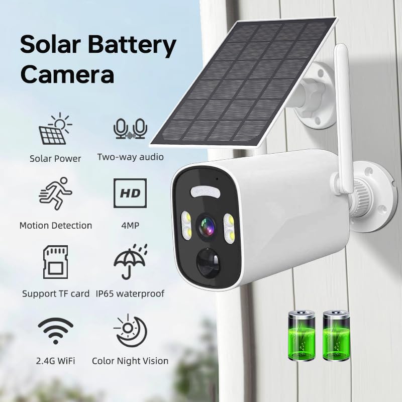 Skade 4MP Solar Security Camera Wireless Outdoor, Rechargeable Battery Powered Camera, 2.4Ghz WiFi Camera for Home Security, Motion Detection, 2-Way Talk, Color Night Vision, Cloud/SD, IP65 Waterproof