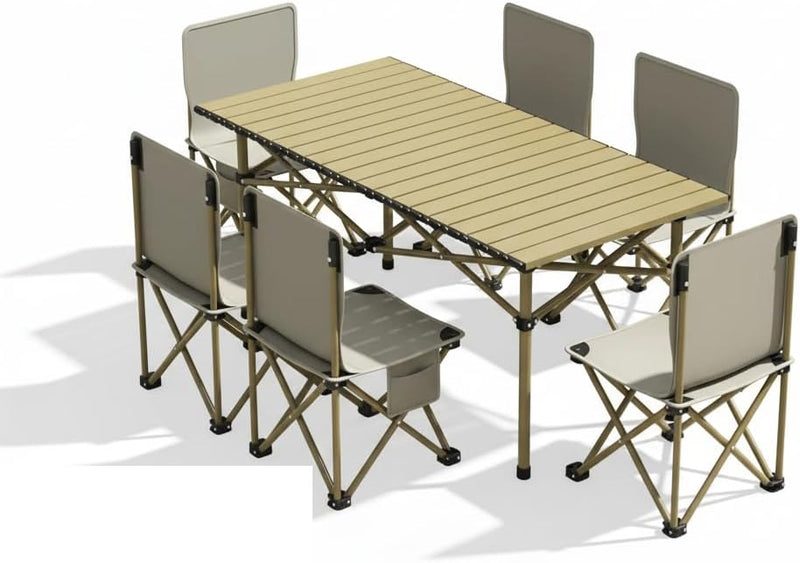 YU WELL Portable Roll-Up Camping Table with 4 Chairs, Lightweight Aluminum Folding Picnic Table Set with Carry Bag, Waterproof, Rust-Resistant Outdoor Table & Chair for Camping 95X55X50CM Black - Beige Table 120X55X50CM With 6 Chairs