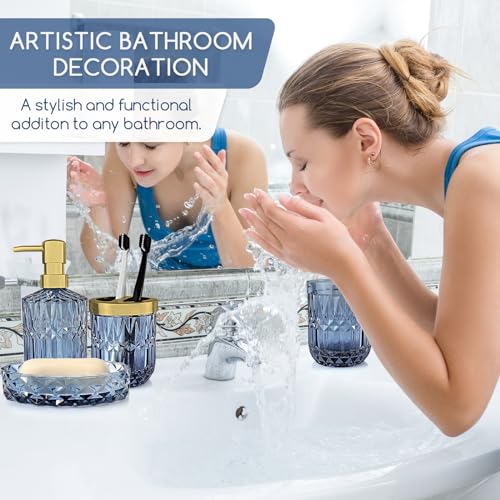 Topsky Blue Bathroom Accessory Set, Glass Bathroom Decor Countertop Organizer,5Pcs Bathroom Accessories with Lotion Dispenser(Cylindrical), Soap Dish, Toothbrush Holder, Tumbler, Cotton Swab Jars