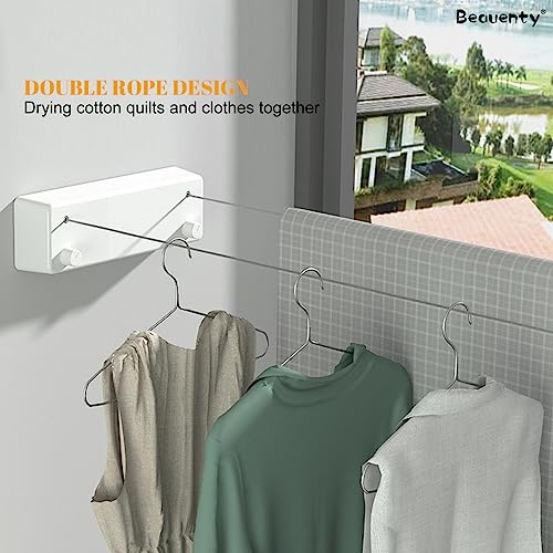 Beauenty Retractable Clothesline, Stainless Steel Wall Mounted Clothes Dryer, 4.2m Heavy Duty Adjustable Double Wire Rope, Round and No Punching, Polished Chrome Finish (White)