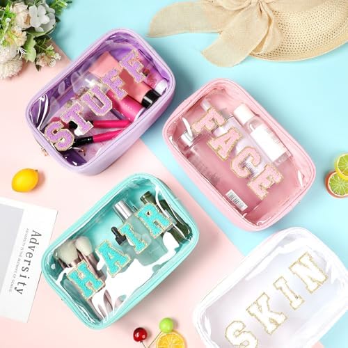 Pinkunn 4 Pcs Preppy Makeup Bags Christmas Chenille Letter Bag Face Skin Hair Stuff Cosmetic Bag Corduroy Makeup Pouch with Zipper Birthday Gifts for Women(Purple, Pink, White, Blue,Corduroy)