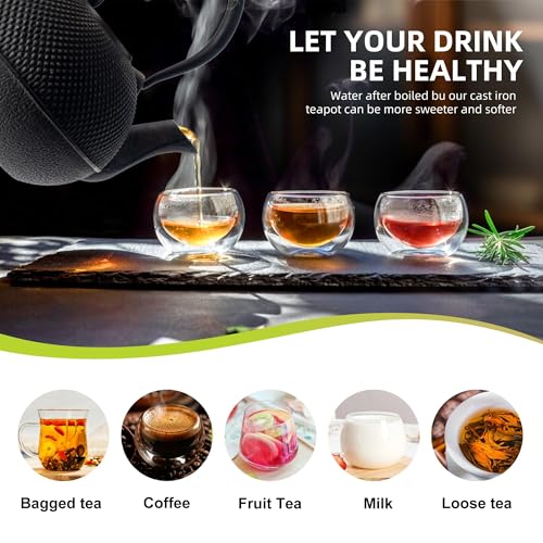 THE WHITE SHOP Cast Iron Teapot, Japanese Tetsubin Kettle Set with 2 Cups, Tea Infuser (1200 ml, Black)