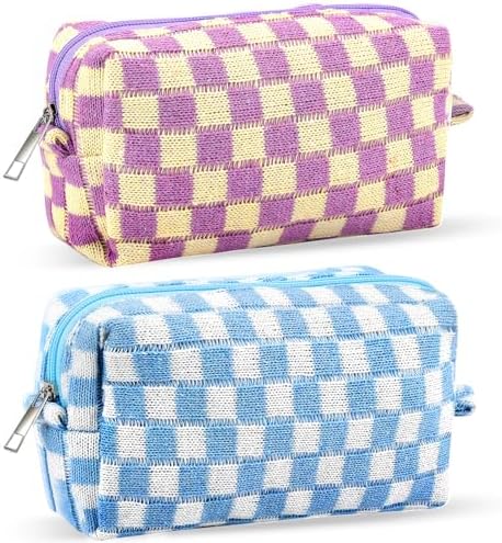 ZLFSRQ 3Pcs Checkered Makeup Bag for Women Large Cosmetic Bag Set Travel Toiletry Bag Makeup Pouch Bag for Purse Pink Zipper Storage Bag Organizer Cute Small Aesthetic Girls Car Essentials Bag