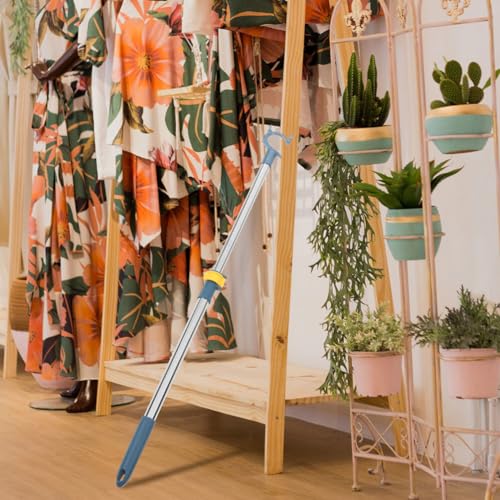 Cabilock Reach Hook, Telescopic Clothes Pole Long Reach Stick Stainless Steel Closet Pole Clothesline Pole Hooks Garment Pole for Balcony Closet Closet Shelf Blue